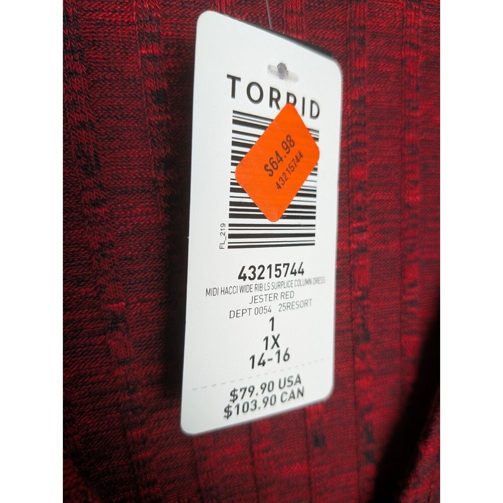 Torrid Midi Surplice Dress Size 1x 14-16 Red Knit Fabric Ribbed V Neckline Wrap - Picture 7 of 13